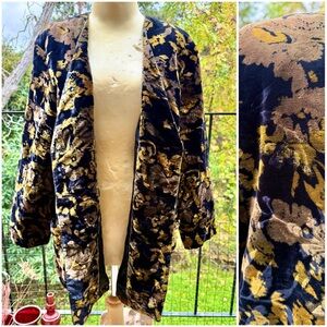 Vintage Black and Greenish Gold Floral Print Velvet Blazer